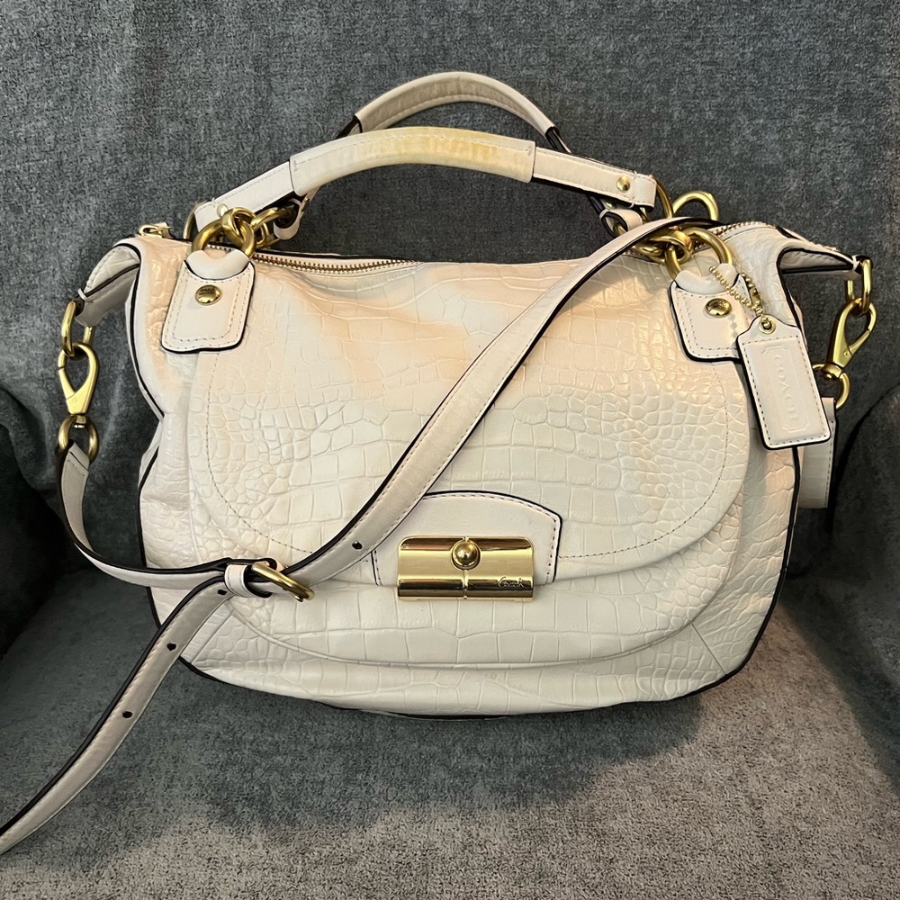 Coach white, Kristin Croc embossed leather satchel with shoulder strap.